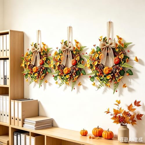6 PCS Mini Fall Wreaths for Kitchen Cabinets Small Fall Hanging Wreath with Pumpkins Pinecones Berries Eucalyptus Thanksgiving Wreath for Front Door Window Cabinet Farmhouse Decor - Image 4