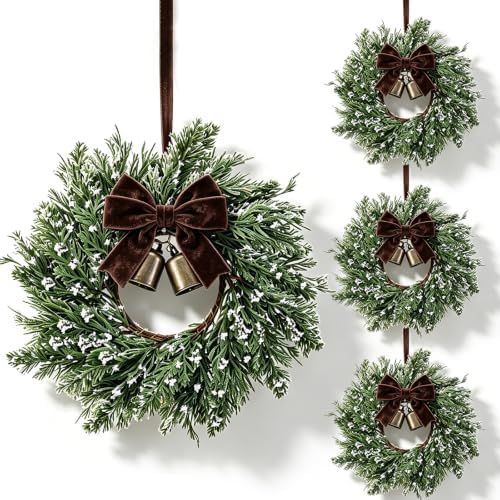4 Pcs Small Christmas Hanging Wreaths Artificial Snow Flocked Cedar Wreaths with Brown Velvet Ribbon & Bronze Bells Mini Christmas Wreaths for Cabinet Porch Front Door Winter Xmas Holiday Decorations by Unknown