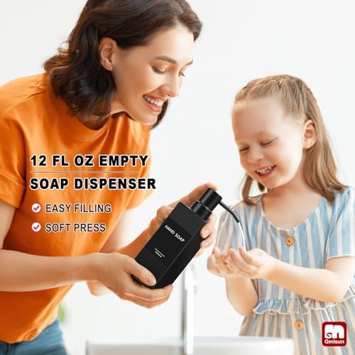 GMISUN Black Soap Dispenser Bathroom, Glass Hand Soap Dispenser with Stainless Steel Pump, 12 fl oz/350ml Refillable Dish Dispensers for Kitchen, Modern Liquid Lotion Bottles for Bathroom Countertop - Image 7