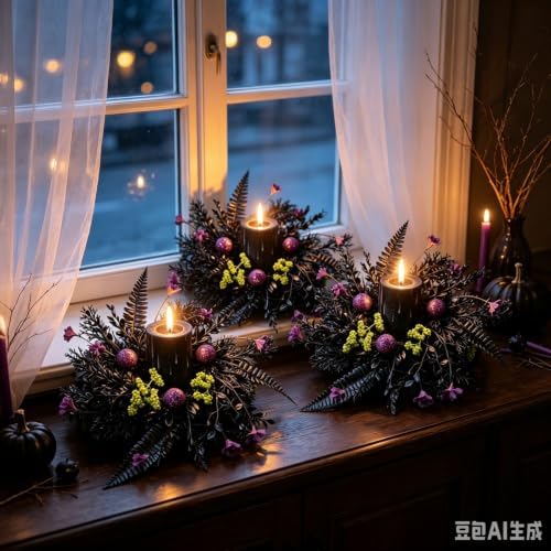 4 Pcs Small Halloween Hanging Wreaths with Black Fern Foliage Purple Glitter Balls Lime Green Berry Clusters Purple Flowers Black Sheer Bow Gothic Mini Cabinet Wreath for Home Kitchen Halloween Party - Image 4