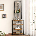 VECELO 6 Tier Corner Shelf 69 Inch Industrial Bookshelf with Metal Frame, Multipurpose Tall Plant Stand with Opening Display Shelves for Living Room, Bedroom, Home Office, Small Space, Brown by VECELO