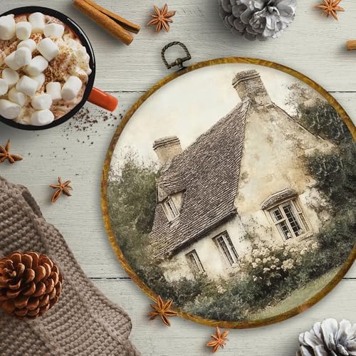 CUANFDDSF Vintage Rustic Countryside Round Wall Art, Retro Farmhouse Framed Hanging Wall Decor, Cottagecore Antique Country Landscape Canvas Prints Decorations for Home Bedroom Living Room, 10x10 Inch - Image 6