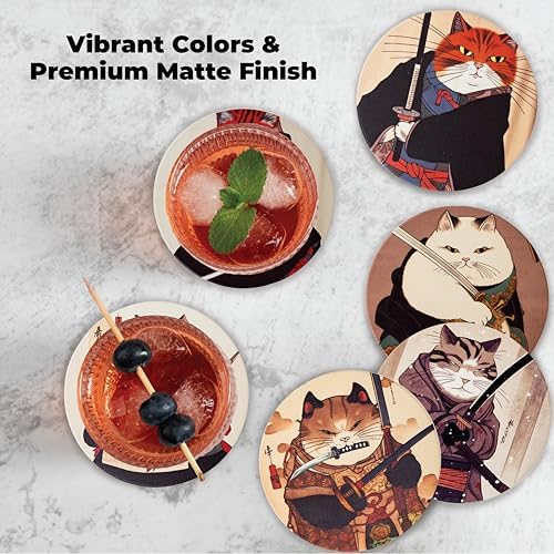 Ninja Cat Coasters Set of 6 - Cat Gifts for Men Anime Decor, Funny Coasters - Image 4