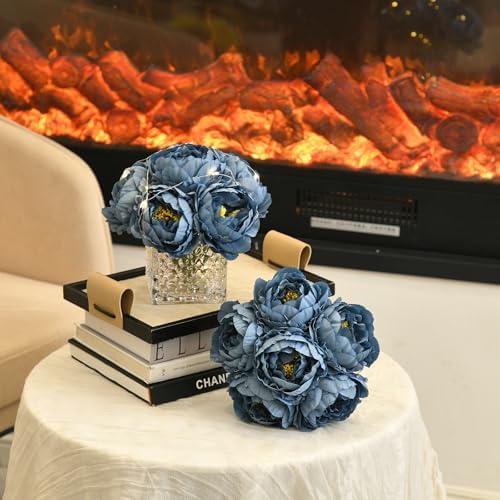 Artificial Peony Silk Flower Centerpieces with LED Light Faux Floral Arrangement in Glass Vase for Home Wedding Table Decoration (Dusty Blue) - Image 3