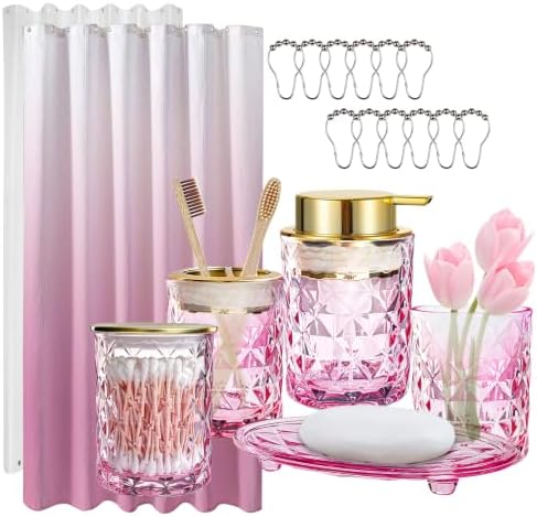 Pink Glass Bathroom Accessories Set with Shower Curtain and Liner, 7-Piece Bathroom Decor Set, Soap Dispenser, Toothbrush Holder, Soap Dish, Vanity Tray, Complete Bathroom Makeover Set by KINUUIS