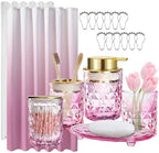 Pink Glass Bathroom Accessories Set with Shower Curtain and Liner, 7-Piece Bathroom Decor Set, Soap Dispenser, Toothbrush Holder, Soap Dish, Vanity Tray, Complete Bathroom Makeover Set by KINUUIS