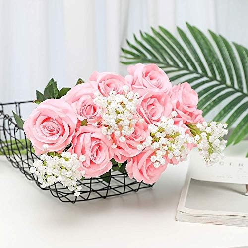 JUSTOYOU 10 PCS Artificial Roses Flowers for Valentine's Day, Realistic Blossom Roses, Real Touch Silk Rose, Single Fake Flower Long Stem Bouquets for Home Wedding Party Decoration (10Pcs, Pink) - Image 2