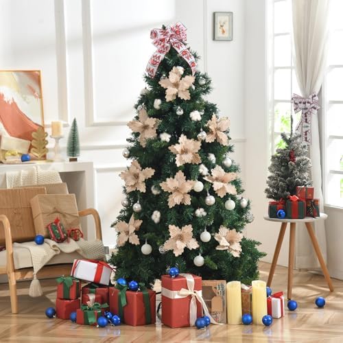 10 PCS Glitter Poinsettias, 8.7" Artificial Christmas Flowers, Champagne - Image 5