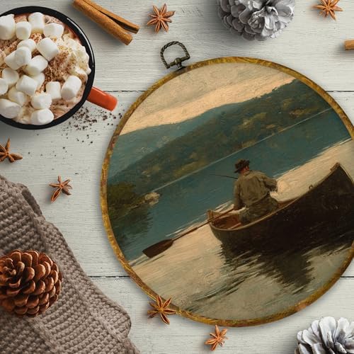 CUANFDDSF Vintage Fisherman Fishing Round Wall Art, Antique Fishing Framed Hanging Wall Decor, Rustic Farmhouse Fisherman Landscape Canvas Prints Decorations for Home Bedroom Living Room, 10x10 Inch - Image 6
