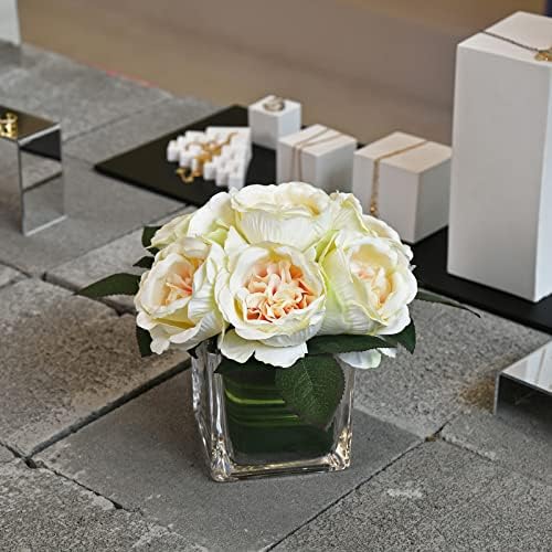 Artificial Peony Silk Flower Centerpieces Faux Floral Arrangement in Glass Vase for Home Wedding Table Decoration (Champagne) - Image 4
