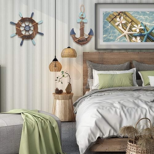 2 Pack 13" Nautical Beach Wooden Ship Wheel and 13" Wooden Anchor with Rope Nautical Boat Steering Wheel Rudder Anchor Wall Art Decor Door Hanging Ornament Beach Theme Home Decoration(Retro Brown) - Image 7