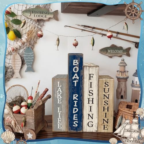 Lineshading 4 Pcs Summer Lake House Decor Stacked Wooden Book Block Signs - Image 4