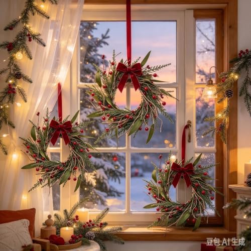 6 PCS Mini Christmas Wreaths for Cabinets 9" Christmas Kitchen Cabinet with Pine Needles Pinecones Red Berries Bells and Bow Christmas Wreath for Front Door Window Wall Xmas Holiday Home Decor - Image 7