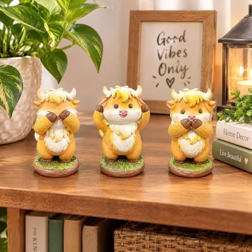 3 Pcs Highland Cow Figurines Resin Statues Cattle Decorations - Hear See Speak No Evil, Accent Farmhouse Tabletop Centerpiece for Christmas Thanksgiving Birthday Gift Home Shelf Mantel Table Decor - Image 3