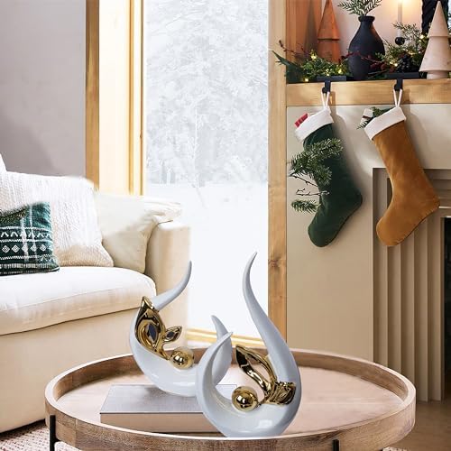 2 PCS White Gold Home Decor Accent Ceramic Statue Abstract Sculptures Centerpieces Mid Century Modern Decor for Tables Coffee Table top Decorations for Living Room Desktop Shelf Dining Room Kitchen - Image 4