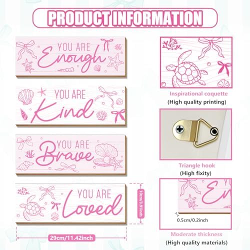4 Pcs Pink Coastal Wall Decor, Positive Affirmations Wall Art Decor, Inspirational Wooden Signs, Beach Boho Bow Wall Art Hanging Plaques, Perfect for Girls Bedroom, Bathroom, Living Room - Image 2