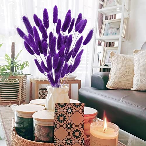 Uieke 17’’ Natural Bunny Tails Dried Flowers, 50 Pcs Dried Lagurus Ovatus, Dried Purple Pampas Grass Decor for Farmhouse Flower Arrangements Wedding Home Craft Boho Party Decorations - Image 2