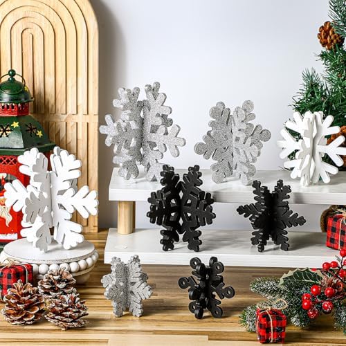 Wenqik 16 Pcs Wooden Snowflake 3D Centerpieces,White, Black, Silver - Image 4
