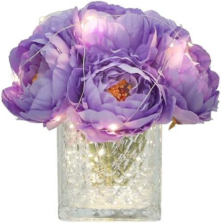 Artificial Peony Silk Flower Centerpieces with LED Light Faux Floral Arrangement in Glass Vase for Home Wedding Table Decoration (Purple) by GreenHouzz