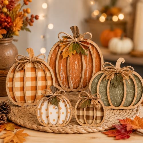Fall Decorations for Home, Wooden Buffalo Plaid Pumpkin Fall Decor - Image 2