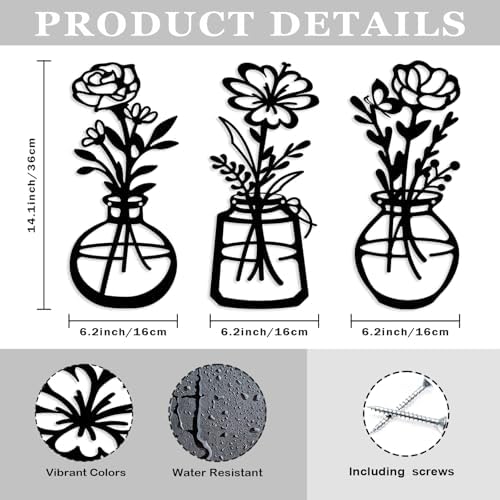 ARTINME 3 Pieces Metal Flowers Wall Arts - Rustic Farmhouse Decor Minimalist Flower Wall Decors for Living Room Bathroom Kitchen Bedroom Dining Room - Housewarming Gifts (Black) - Image 2