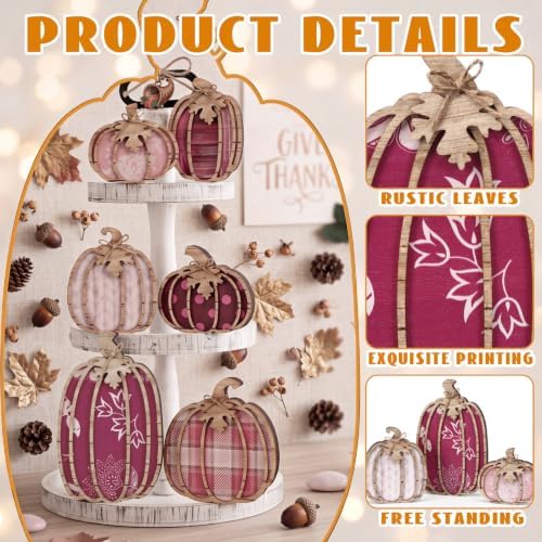 Leinuosen 6 Pcs Fall Pumpkin Decor for Home, Pink Pumpkin Tiered Tray Decor - Image 5