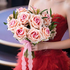 Ttranewsoo 12PCS Artificial Roses with Stems, Realistic Pink Fake Roses, Silk Rose Flowers for Vases, DIY Bouquets, Wedding Centerpieces, Bridal Shower & Home Decor, 16.5 Inch - Image 4