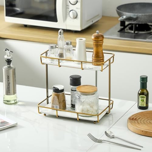 Bathroom Organizer Countertop Perfume Organizer Makeup Organizer Cosmetics Storage Display Rack Vanity Tray Dresser Stainless Steel Gold Shelf White Marble Ceramic Tray - Image 7