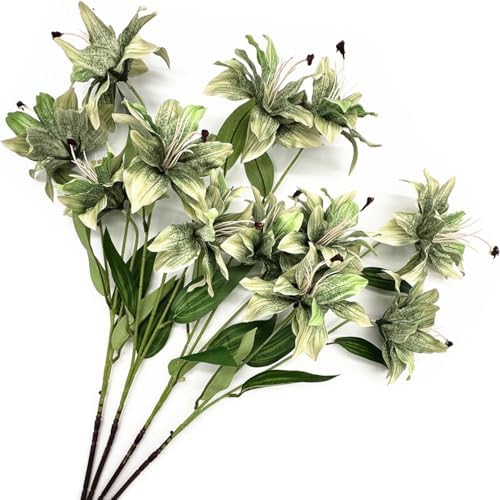 Artificial Silk Flowers Fake Lily Flower Long Stems Stargazer Lilies 4 Pack, Faux Tiger Bouquets with Full Bloom Floral Real Touch Plants for Home Kitchen Decor Wedding Party Hotel Decoration - Green by LOVENIMEN