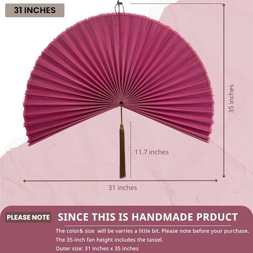Bamboo Fan Wall Decor, Japanese Wall Fan Decoration, Pink 31 in - Image 3