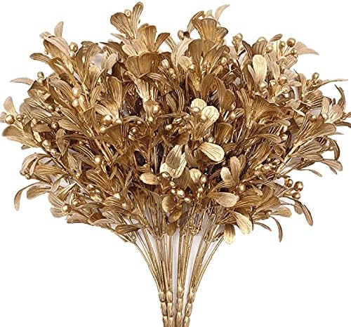 Artificial Flowers Christmas Decor, Golden Leaves Branches Plants Fake Berry Grass for Wedding Bridal Bouquet Party Indoor DIY Home Office Table Centerpieces Arrangements Decoration - Gold 4 Pack by CATTREE