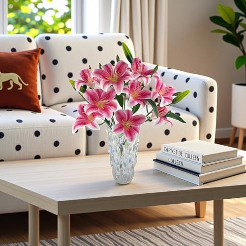 12 Artificial Lily Flowers with 9 Heads Full Bloom Lily & 3 Buds, Long Stem Artificial Stargazer Lilies, Faux Tiger Bouquets for Home Hotel Office Party Decor Table Centerpieces（Dark Pink - Image 5