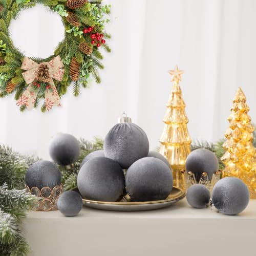 Velvet Christmas Ball Ornaments - 30pcs Flocked Christmas Ornaments Set Shatterproof Classic Hanging Xmas Tree Decorations with Rope for Wreath Holiday Home Decor (Grey) - Image 4