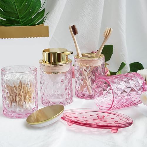 Pink Glass Bathroom Accessories Set with Shower Curtain and Liner, 7-Piece Bathroom Decor Set, Soap Dispenser, Toothbrush Holder, Soap Dish, Vanity Tray, Complete Bathroom Makeover Set - Image 4
