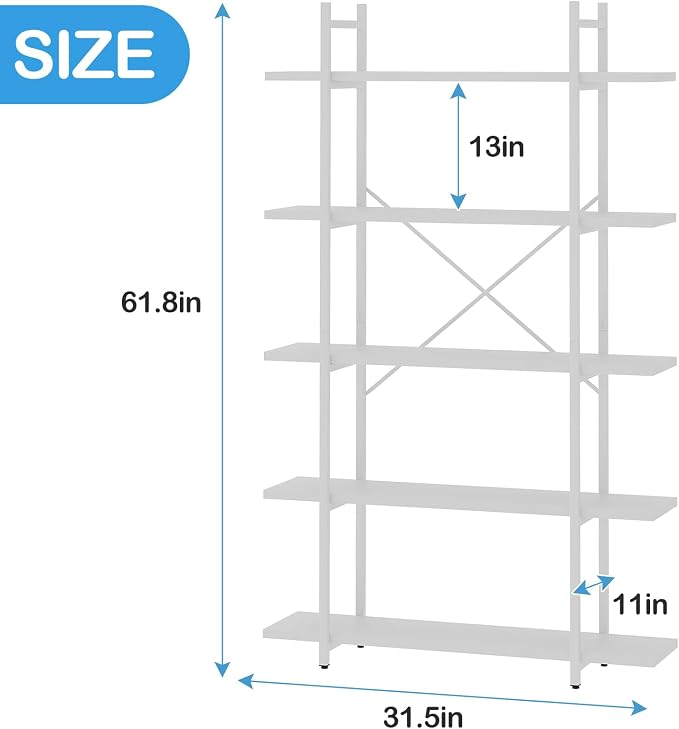 Bookshelf 5 Tiers White Wooden Storage Shelf, Modern Open Display Storage - Image 2