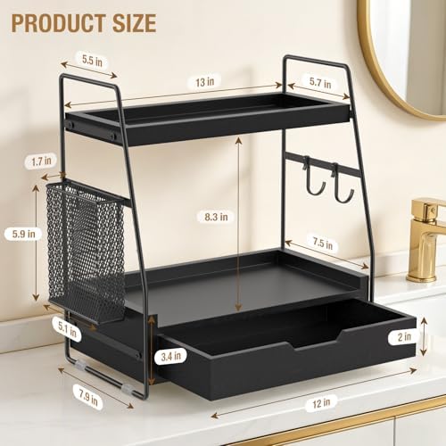 2-Tier Bathroom Counter Organizer with Drawer, Wood Counter Storage Shelf - Image 2