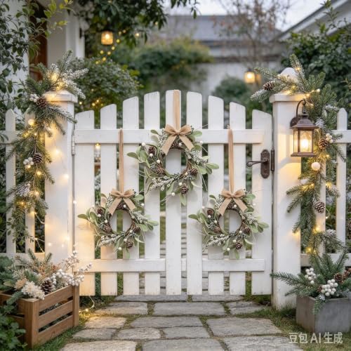 6 Pcs Small 4th of July Hanging Wreaths for Cabinets Patriotic Mini Candle Ring Wreath with Red White Blue Flowers (4, Winter Snow Pinecones) - Image 3