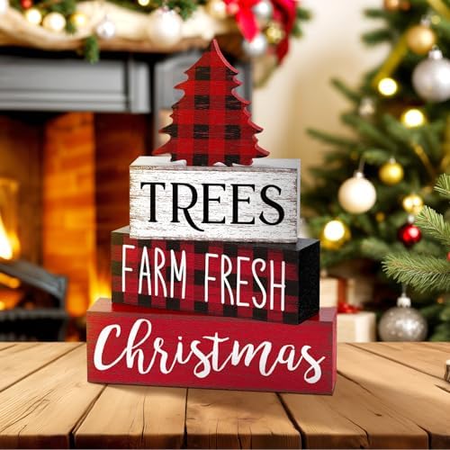 Marsui 4 Pcs Christmas Table Decor Wooden Christmas Trees Signs Block - Image 5