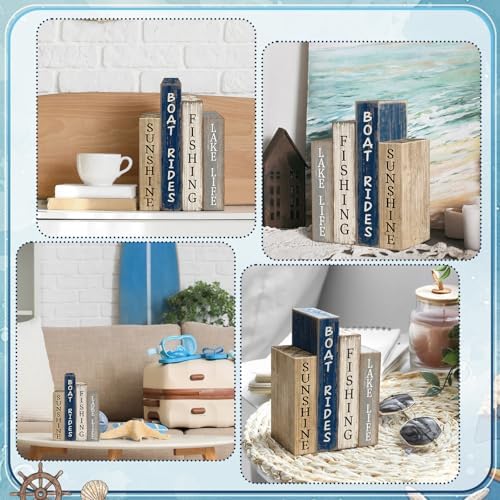 Lineshading 4 Pcs Summer Lake House Decor Stacked Wooden Book Block Signs - Image 5