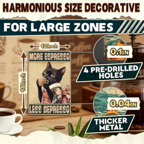 Coffee Cat Metal Posters More Espresso Less Depresso Metal Tin Sign Kimono Cat Bar Pub Sign Poster Home Decor Garage Bar Restaurant Kitchen Cafe Poster 12x16 Inch - Image 2