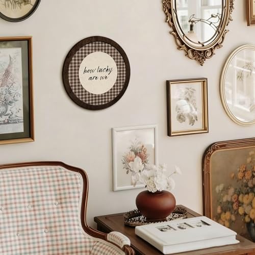 CFFJLHN How Lucky Are We Wall Art, Brown Gingham Motivational Wall Decor Inspirational Positive Affirmation Vintage Round Wooden Wall Art Decor for Bedroom Living Room Home Office, 10x10 Inch - Image 4