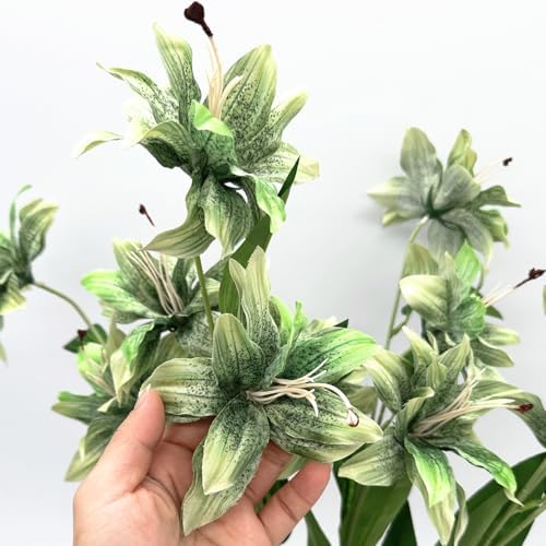 Artificial Silk Flowers Fake Lily Flower Long Stems Stargazer Lilies 4 Pack, Faux Tiger Bouquets with Full Bloom Floral Real Touch Plants for Home Kitchen Decor Wedding Party Hotel Decoration - Green - Image 4