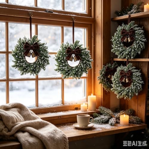 6 Pcs Small Christmas Hanging Wreaths Artificial Snow Flocked Cedar Wreaths with Brown Velvet Ribbon & Bronze Bells Mini Christmas Wreaths for Cabinet Porch Front Door Winter Xmas Holiday Decorations - Image 6