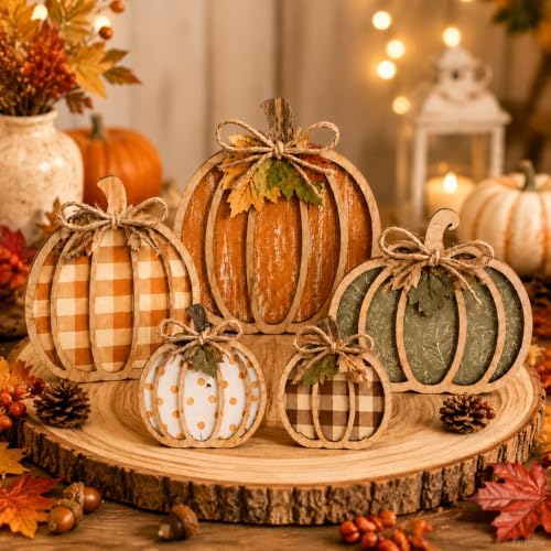 Fall Decorations for Home, Wooden Buffalo Plaid Pumpkin Fall Decor - Image 7