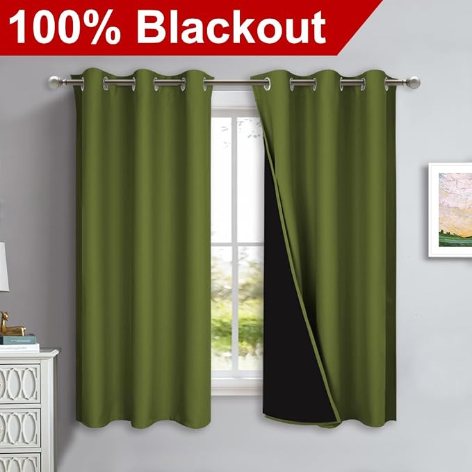 NICETOWN 100% Blackout Curtains 54" Long, Olive Green, 1 Pair, Double-Deck - Image 2