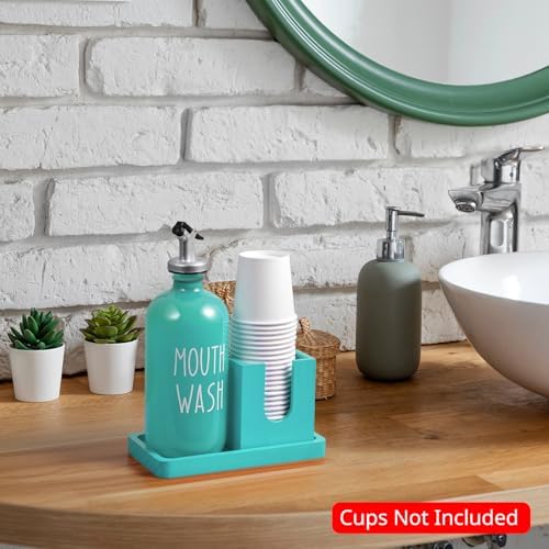 Turquoise Mouthwash Dispenser for Bathroom, 16 OZ Glass Mouthwash Dispenser with Wood Cup Holder and Tray, Mouth Wash Bottle Container, Teal Kitchen Bathroom Decor and Accessories - Image 2