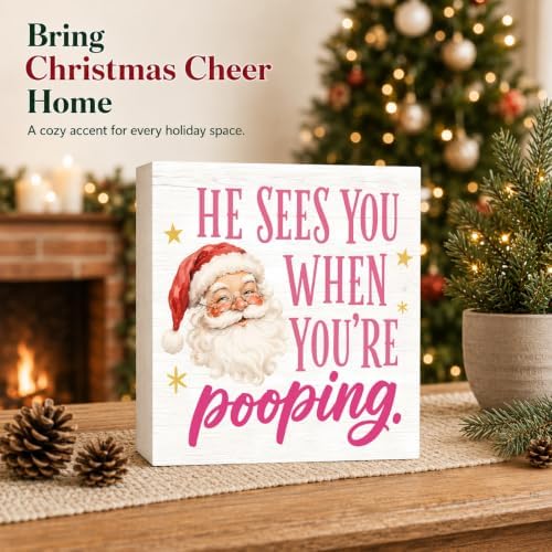 Christmas Bathroom Decor He Sees You When You're Pooping Funny Santa Sign - Image 2