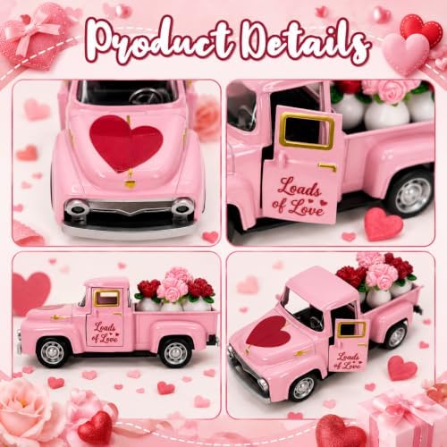 Valentine's Day Pink Truck Decor with 4 Mini Rose Flower Pots, Vintage Metal Pickup Tabletop Decoration, Romantic Farmhouse Centerpiece Gift for Women, Wife, Mom, Girlfriend, Anniversary Wedding - Image 6
