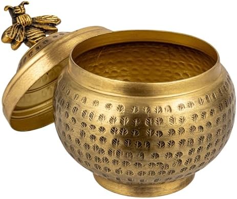 Creative Co-Op Round Hammered Metal Container with Bee Finial, Brass Finish - Image 3