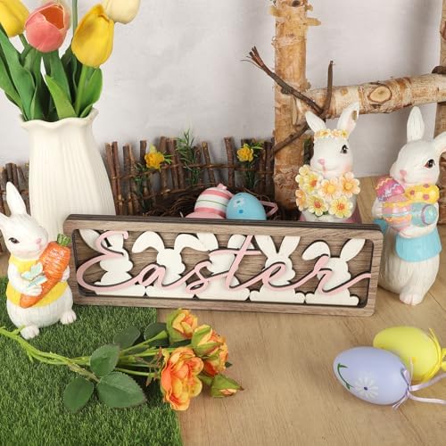 Vintage Happy Easter Decorations for Office, Home, Table, Mantel, Shelf, Desk, 3 1/2 x 11 Inch Retro Bunny Sign, Wooden Spring Bunnies Decor Sign, Farmhouse Pink Decoration (Vintage Bunnies) - Image 3